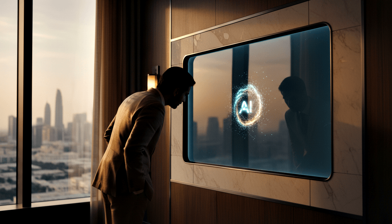 Person in tan blazer leans toward wall-mounted display showing glowing cyan 'AI' text with circular particle animation, marble wall behind.