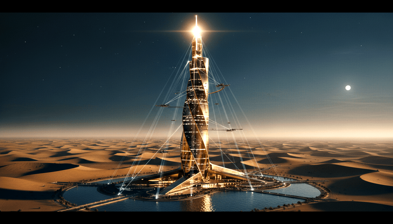 CGI helical skyscraper spiraling upward from a circular moat in a sand desert, glowing golden with a starburst flare at apex.