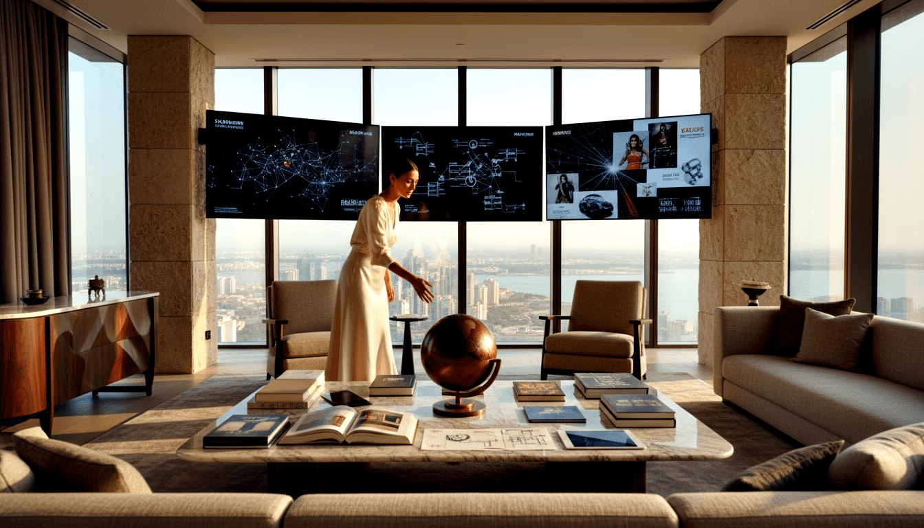 Woman in cream dress reaching toward a bronze decorative globe on a marble table, with three screens showing network graphs behind her.