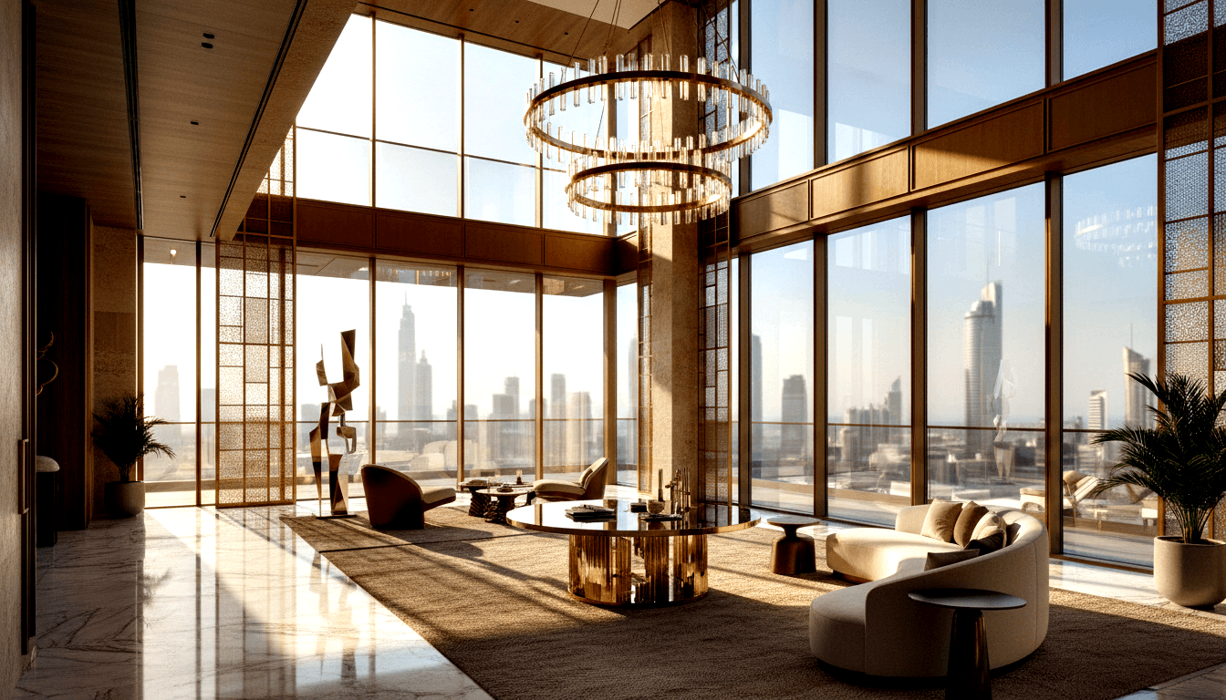 CGI double-height lounge: marble floors, curved cream sofa, gold coffee table, bronze chandelier, floor-to-ceiling skyline views.
