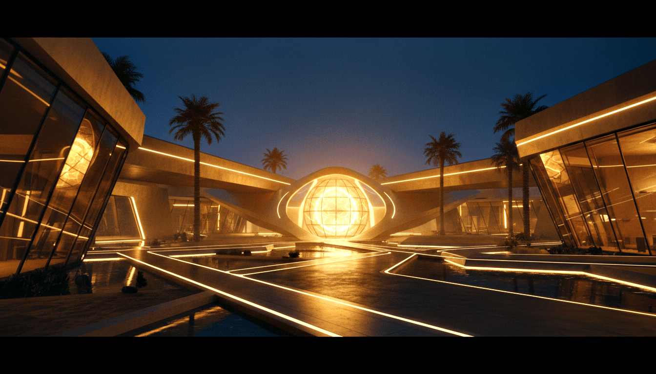 Glowing geodesic sphere inside an eye-shaped frame, flanked by curved concrete wings, reflecting pools, and palm silhouettes against navy sky.