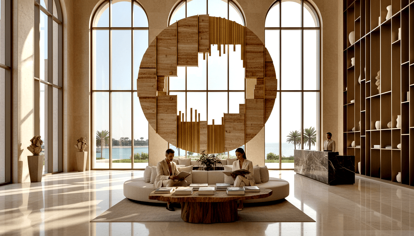 Grand lobby with circular travertine wall, golden brass rods, arched windows, curved sofa, live-edge coffee table, and marble reception desk.