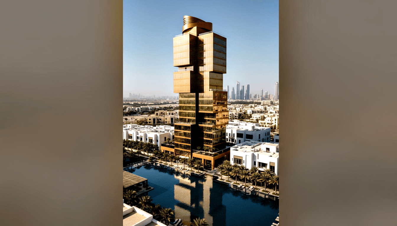 Tall slender tower with golden-amber glass facade in stacked offset cubic form with ornate crown, above white villas around blue lagoons.
