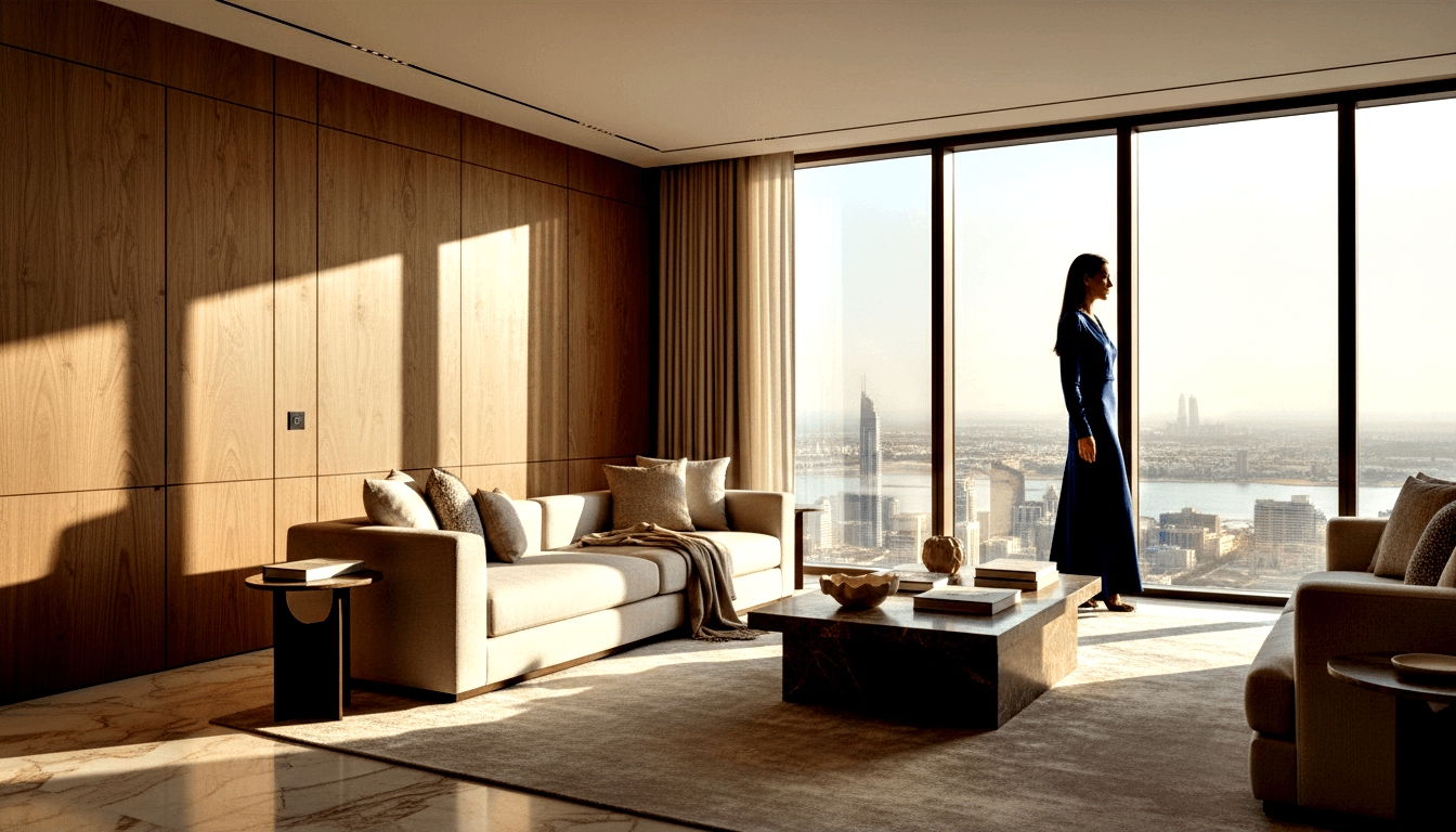 Woman in long dark navy dress stands at floor-to-ceiling windows overlooking a waterfront urban skyline in a high-floor apartment.