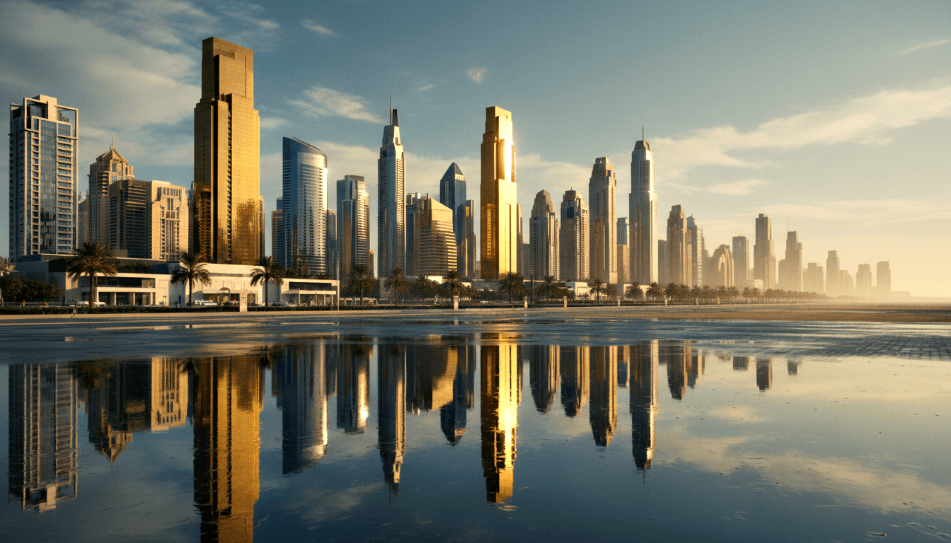 Glass and gold skyscrapers at golden hour reflected in calm water, palm trees lining a mid-ground promenade.