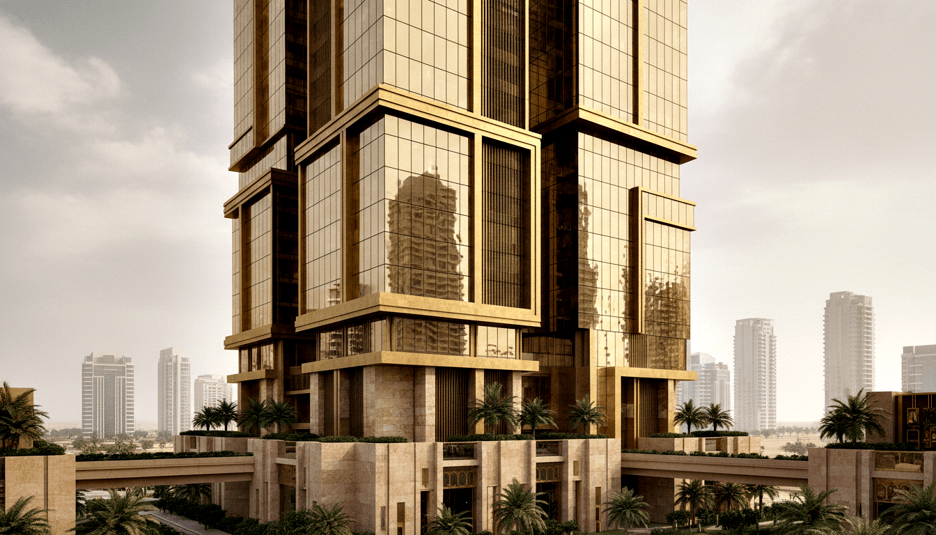 Tall skyscraper with gold-champagne glass facade and deep bronze vertical mullions rising from a tiered travertine podium with arched details.