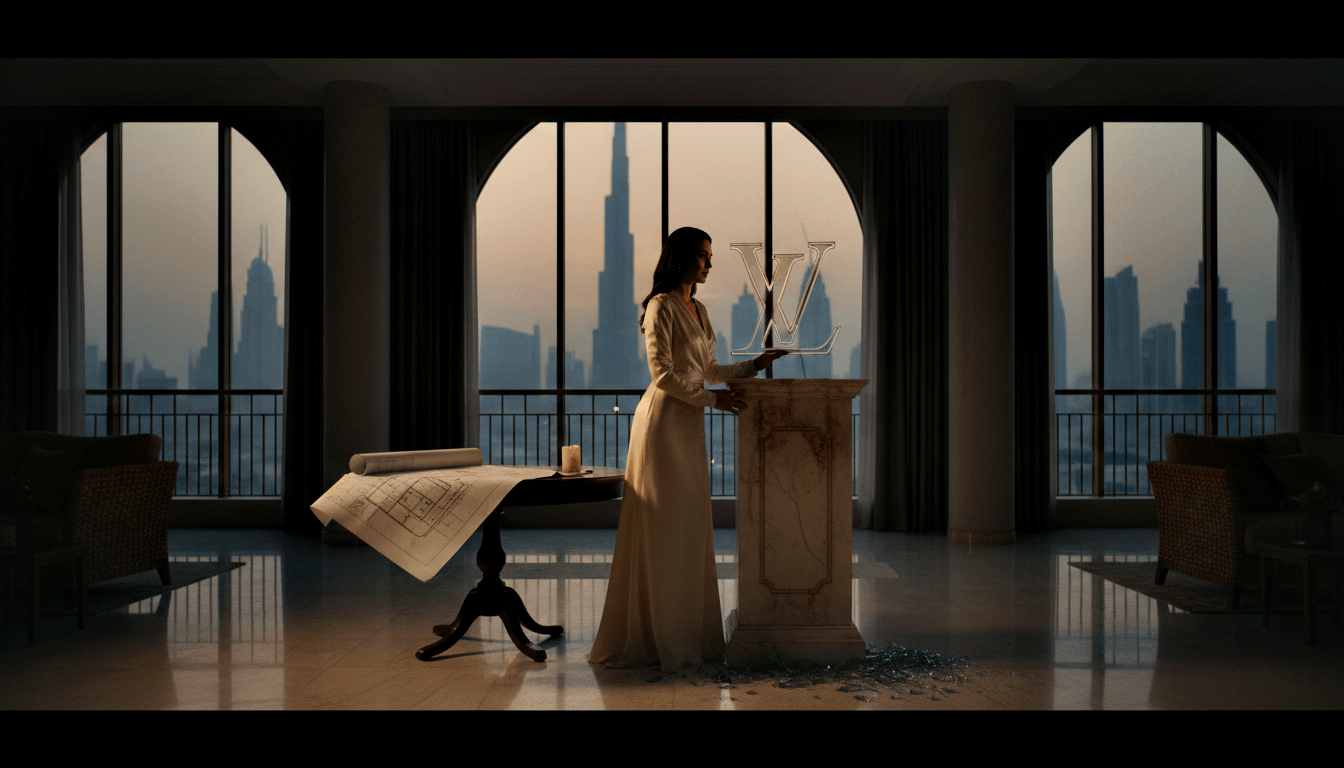 Woman in white gown at ornate marble pedestal with 3D 'LV' monogram; broken glass on floor, arched windows, city skyline at dusk.