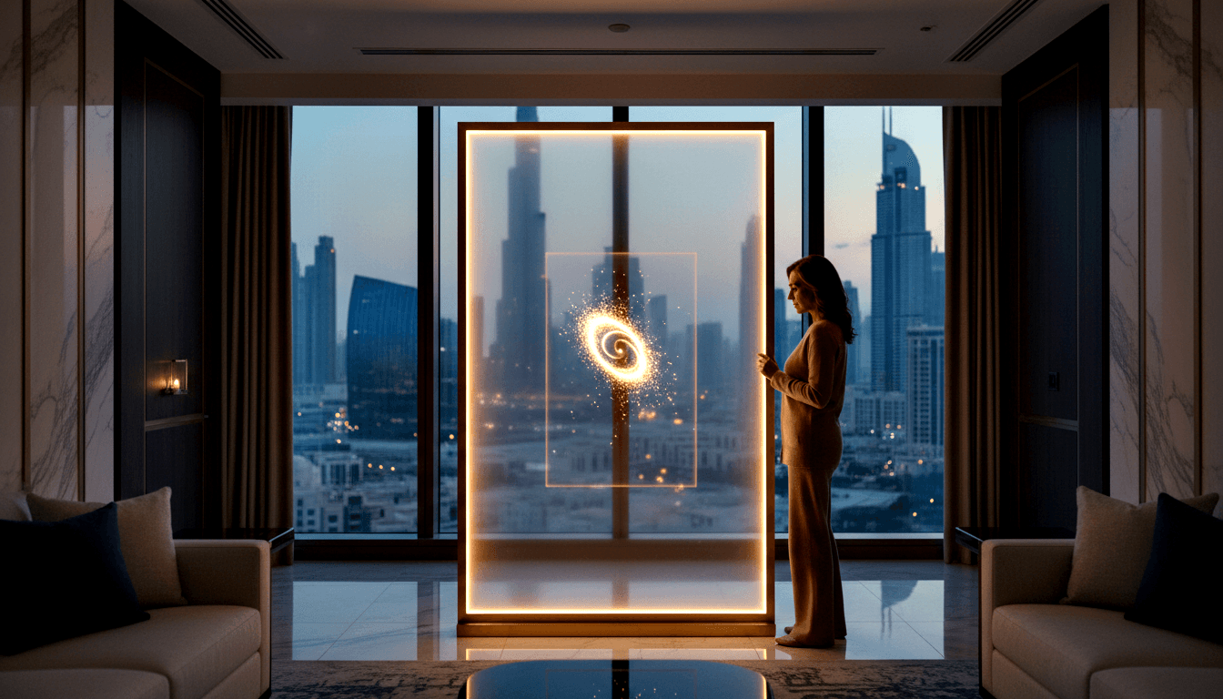 Woman in neutral long-sleeved top and wide-leg trousers stands in profile beside a large gold-trimmed panel with a glowing golden spiral vortex.