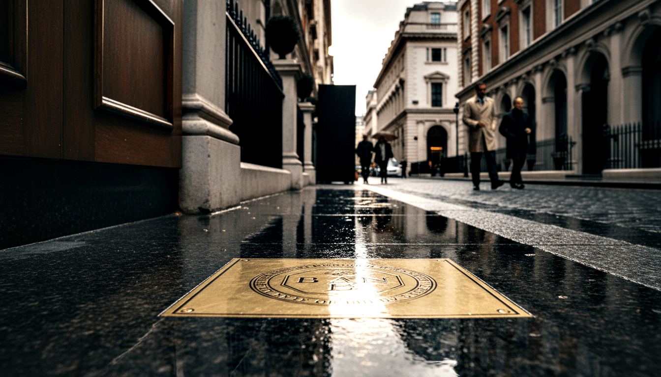 Brass plaque with circular seal set in wet dark granite paving, shot from worm's-eye view; formal street recedes behind.