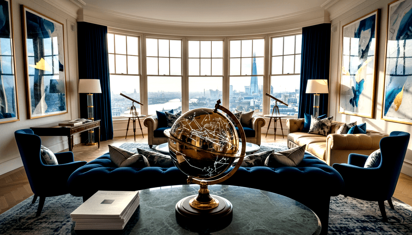 Brass celestial globe on green marble table, navy tufted sofas, telescopes on tripods, bay windows with urban skyline.