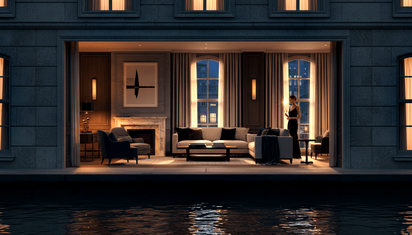 Night exterior of a CGI-rendered warmly lit room with stone columns, reflected in still dark water; woman in black gown near marble fireplace.