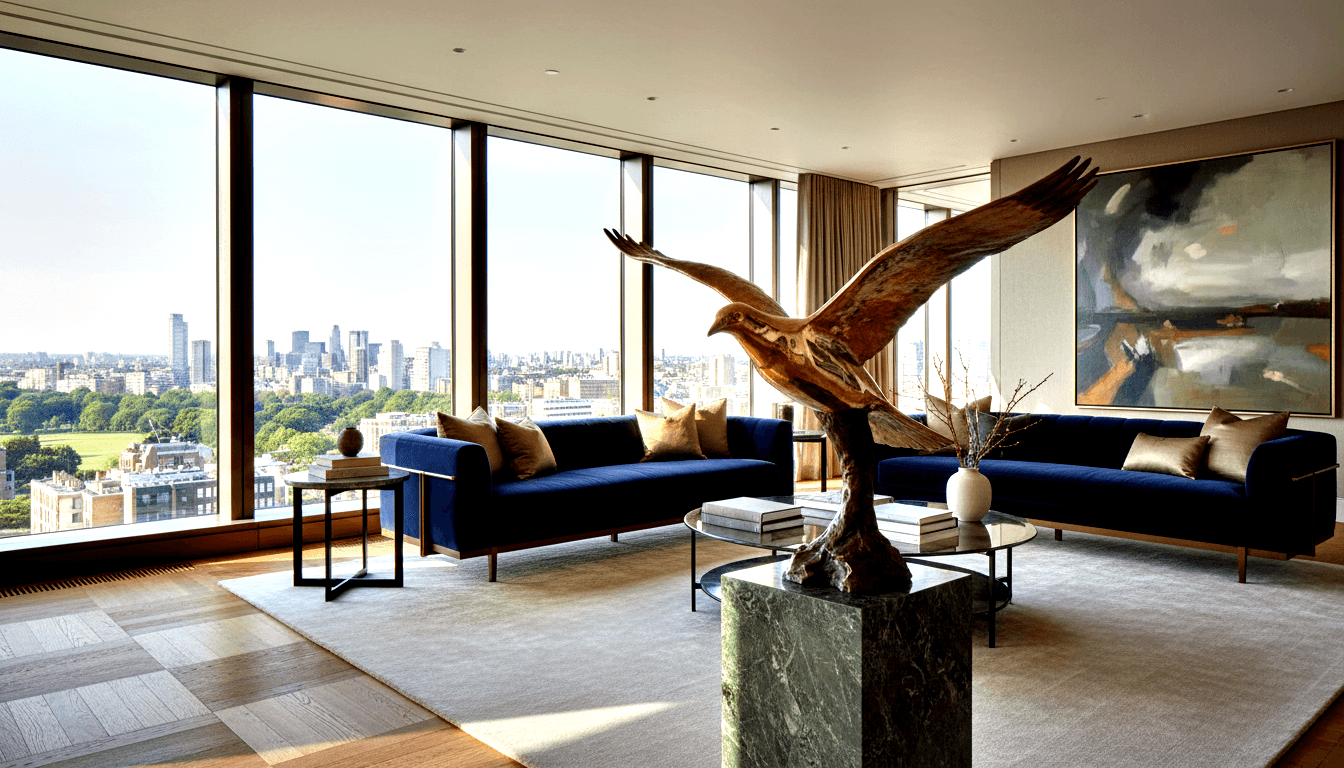 Bronze bird sculpture on green marble pedestal; navy velvet sofas face corner windows with cityscape and park views.