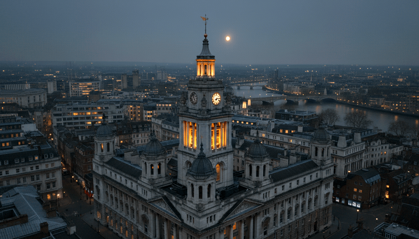 Aerial dusk view of a neoclassical building with illuminated clock tower, two clock faces, full moon above spire, river with bridges at horizon.