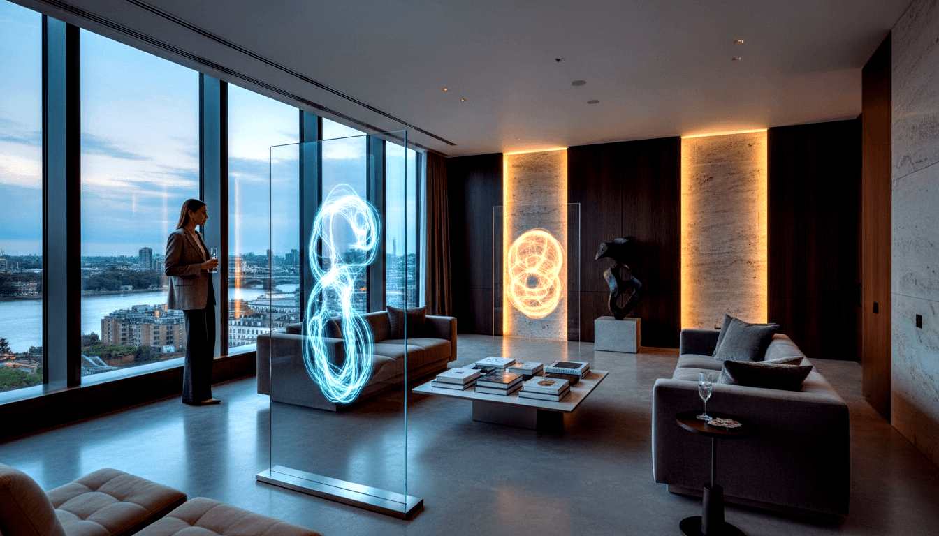 Two glowing sculptural glass pieces flank floor-to-ceiling windows with river and skyline views at dusk; woman in gray blazer holds wine glass.