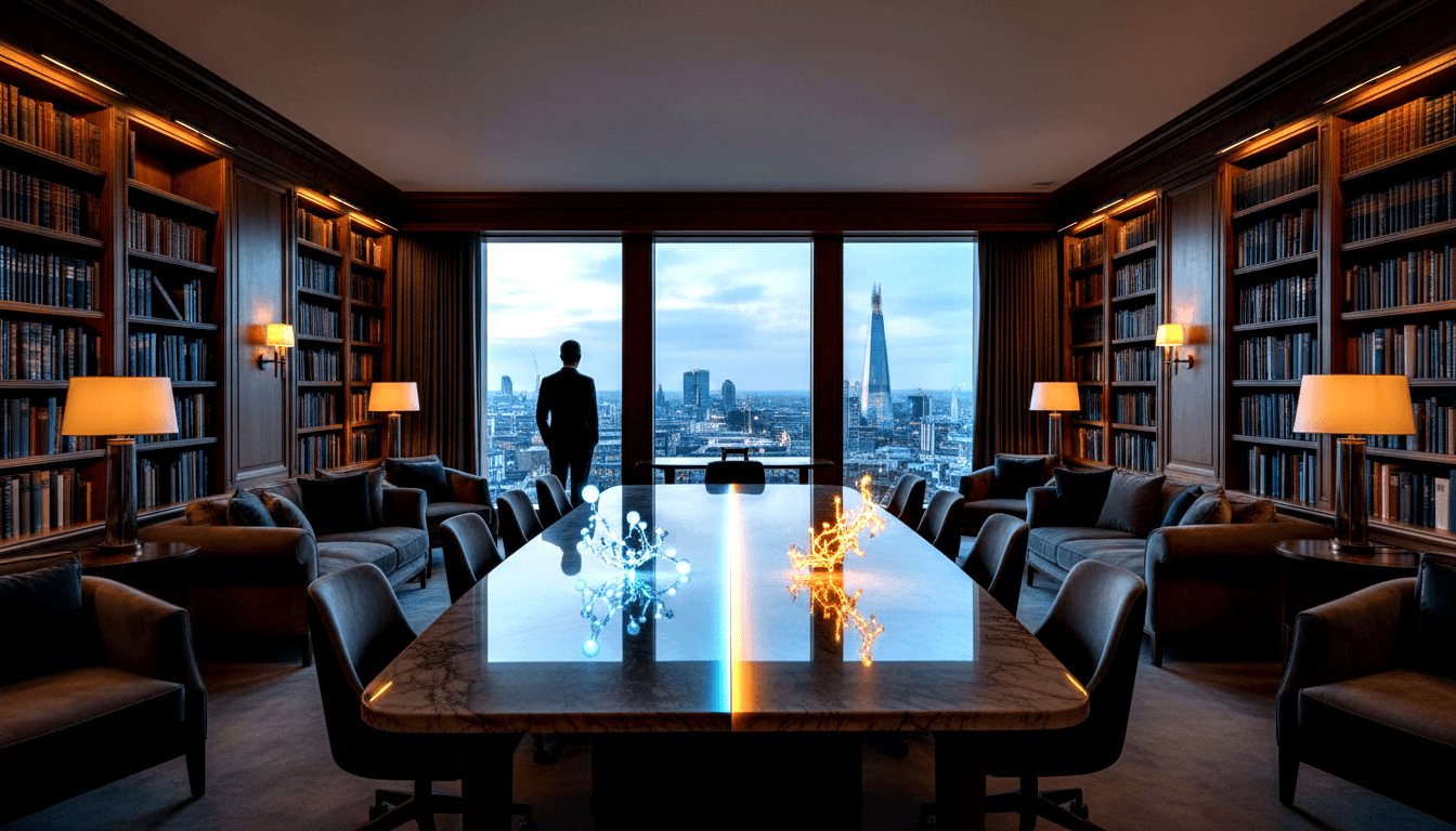 CGI library: wood bookshelves, polished table, leather chairs, silhouetted figure at twilight skyline window, two glowing molecules.