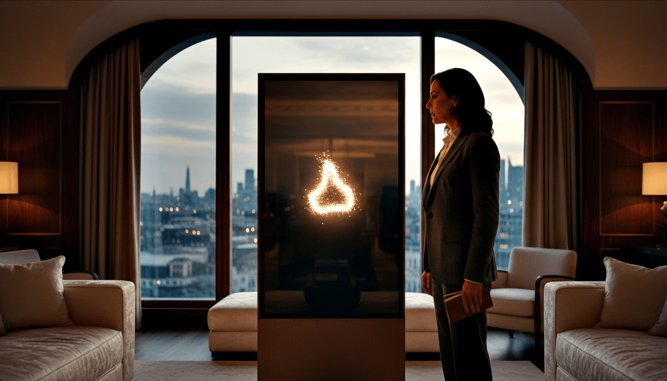 Woman in dark suit holds notebook, facing tall display with glowing golden triangular flame symbol; arched windows show dusk skyline.