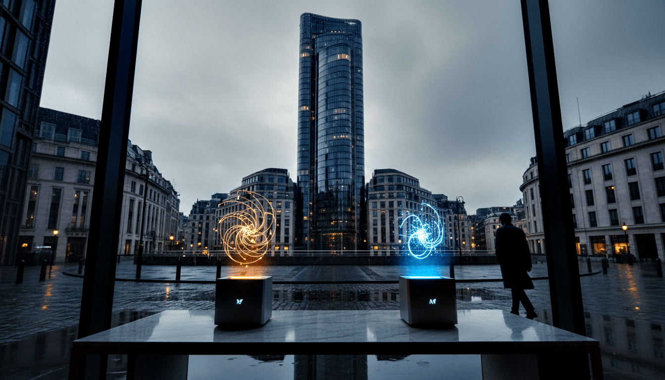 Two spiral light sculptures on dark pedestals—amber left, cyan right—with a silhouetted figure and skyscraper beyond floor-to-ceiling glass.