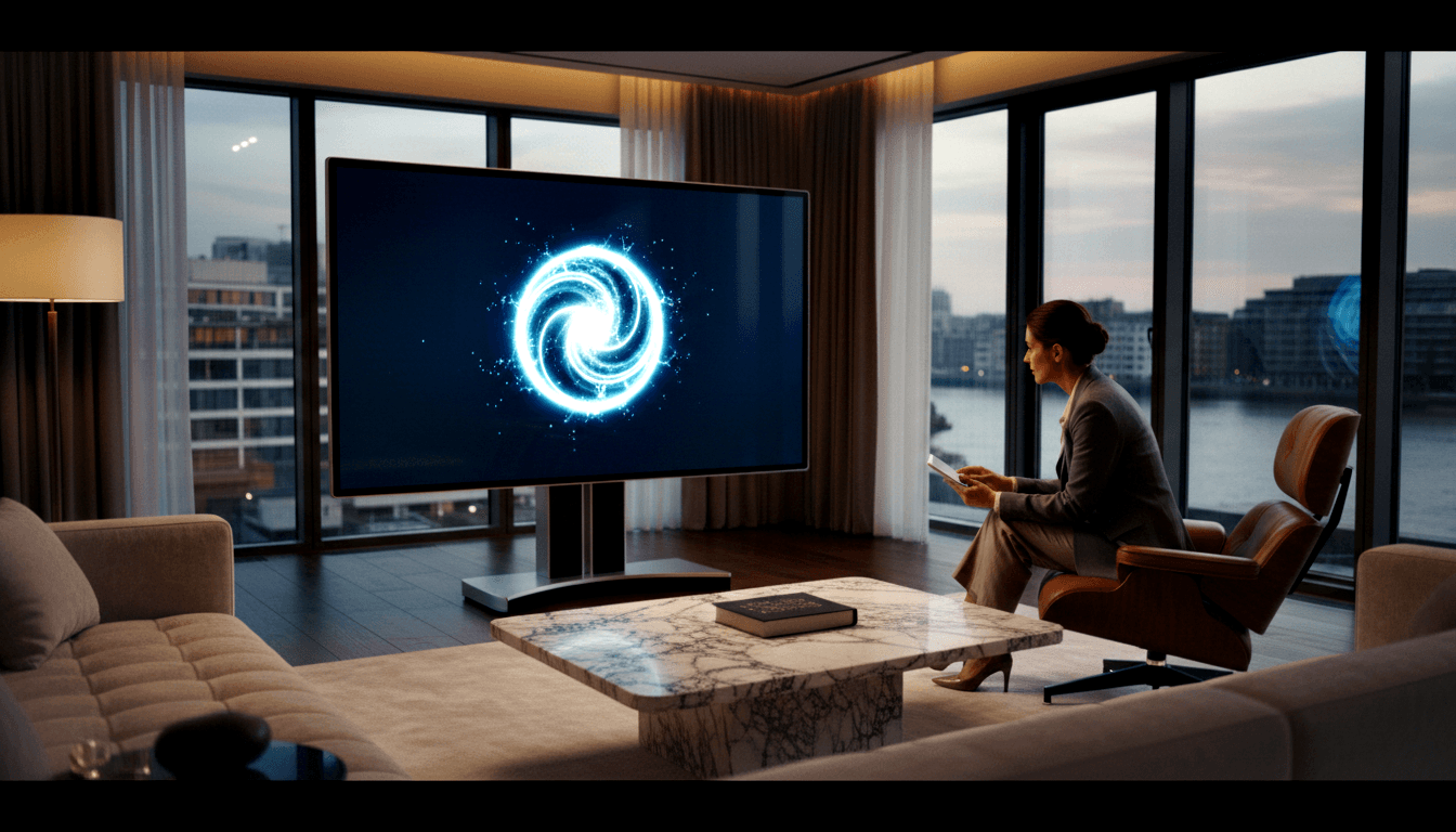 Woman in gray-taupe suit sitting in brown leather chair, holding device, facing large TV displaying blue-white spiral vortex.