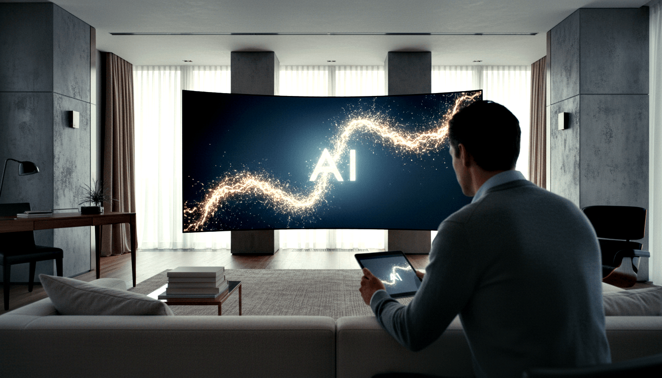 Person from behind in gray blazer holds tablet, facing large curved display showing glowing 'AI' text with golden particles.