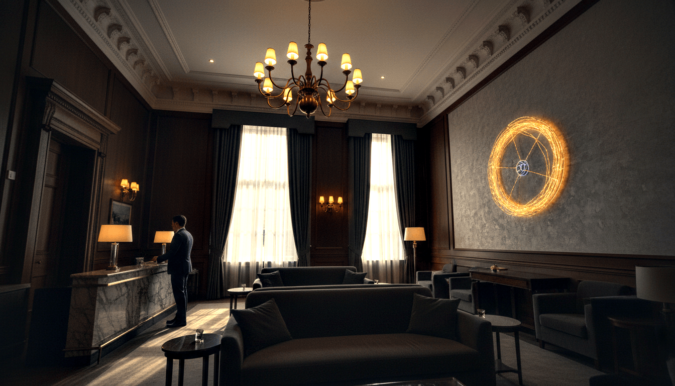 Man in dark navy suit stands at marble-topped credenza in charcoal room with a large glowing amber circular ring on the wall.