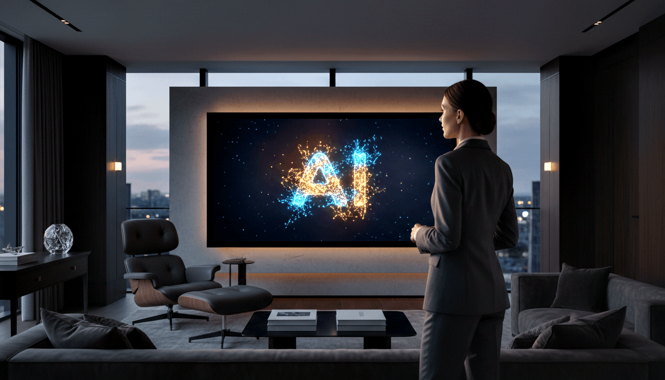 Woman in dark grey blazer stands hands clasped facing a wall-mounted screen displaying glowing 'AI' letters in electric blue and amber.