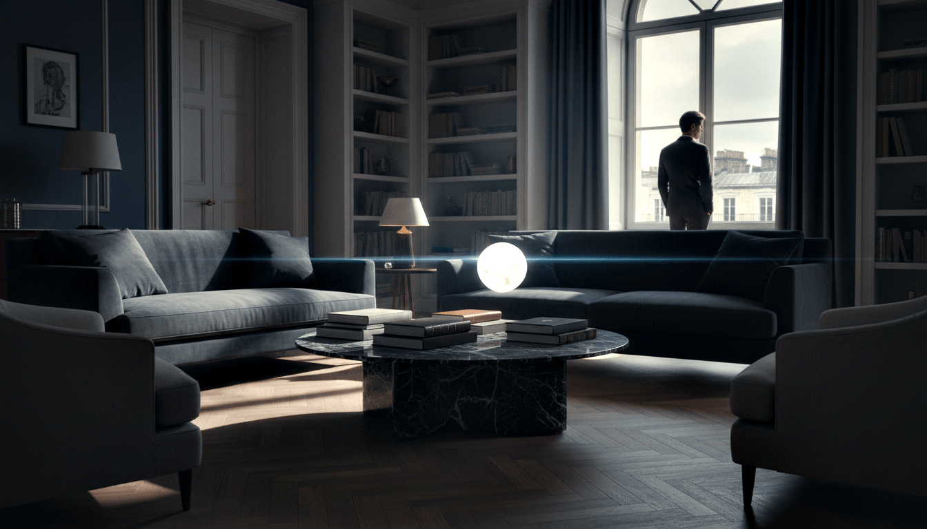 CGI room: man in dark suit at arched window, glowing orb and blue-white light beam float between two sectional sofas.