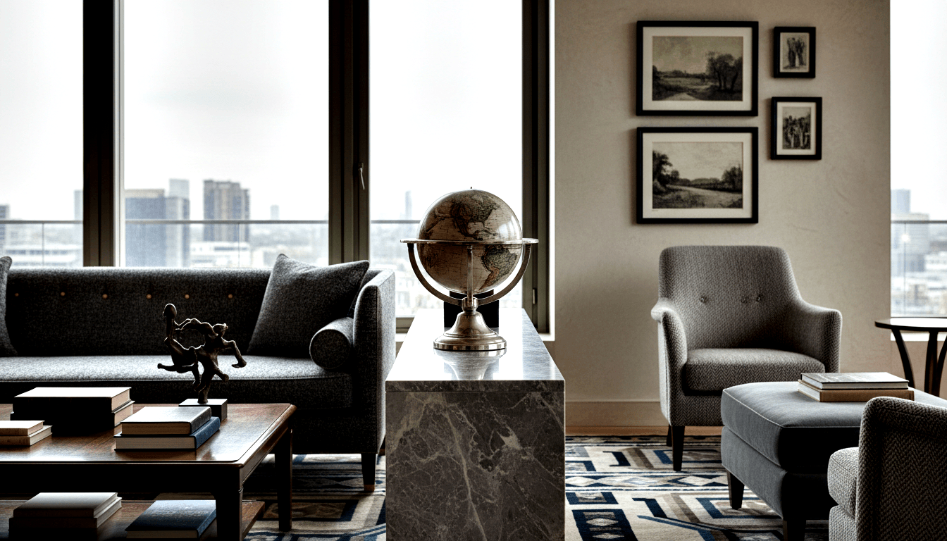Terrestrial globe on chrome stand atop grey marble pedestal, flanked by dark grey sofa, tufted armchairs, and coffee table with books.