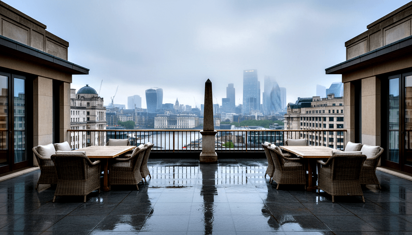 Rainy terrace: wicker chairs, wooden tables, stone obelisk beyond railing, domed buildings and skyscrapers under overcast sky.