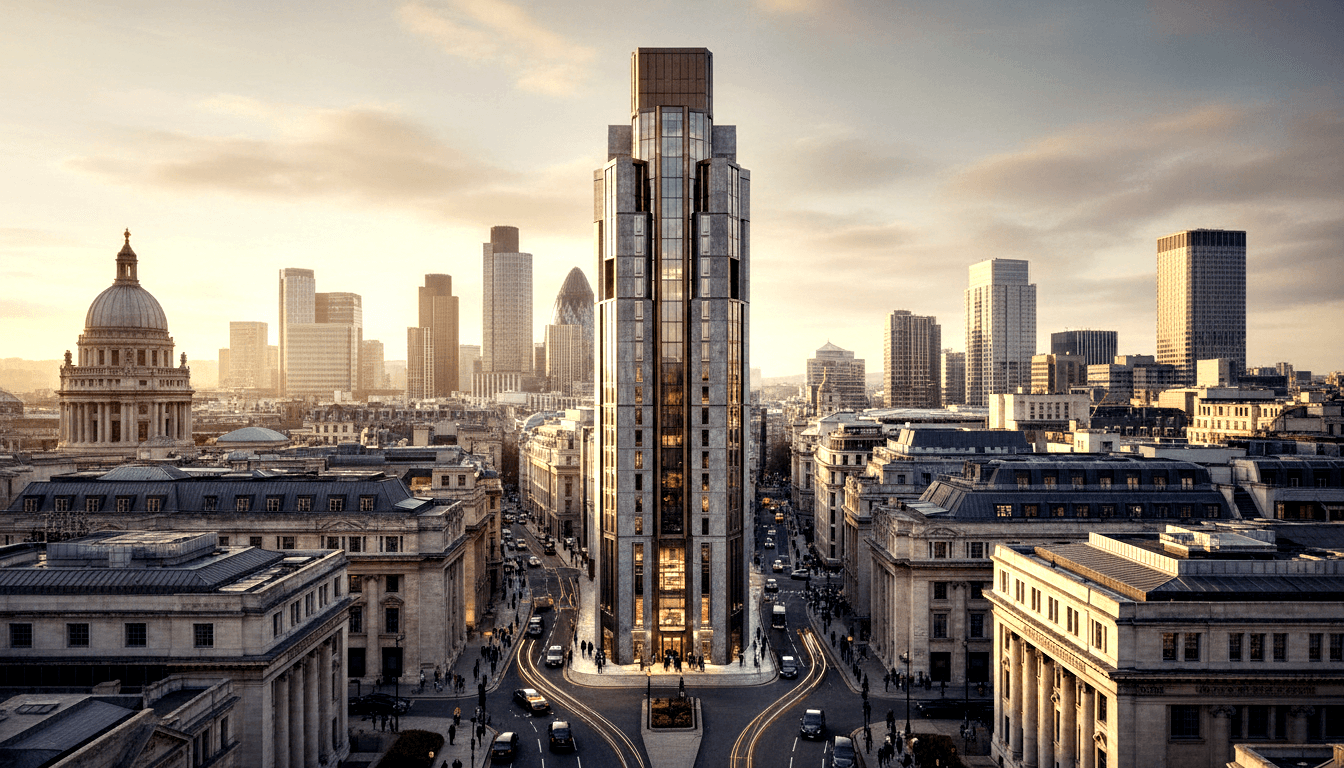 Stepped Art Deco skyscraper at triangular intersection, domed civic building left, dense skyline behind, golden-hour CGI render.