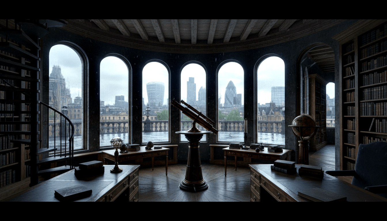 Circular Victorian CGI library: brass telescope, curved bookshelves, herringbone floors, arched windows overlooking modern cityscape.