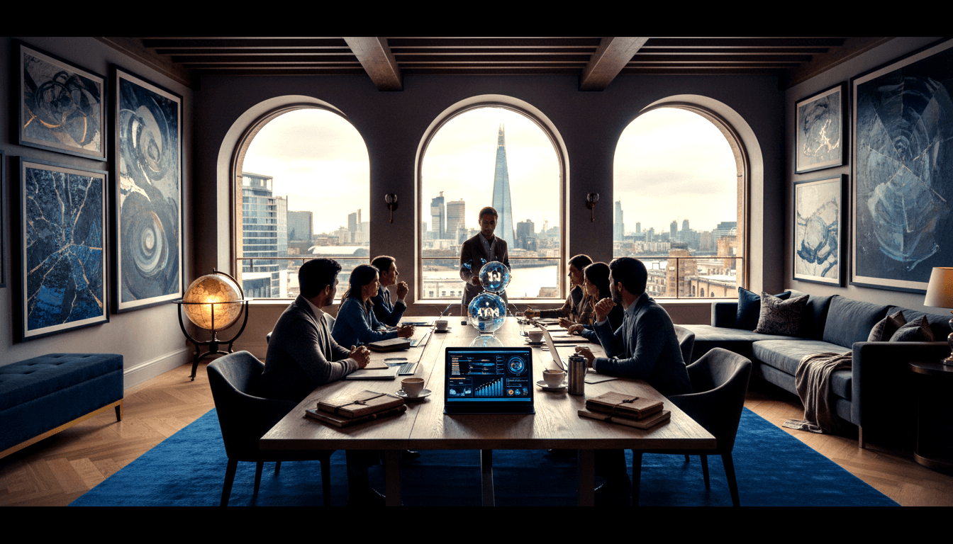 CGI conference room with arched windows, holographic sphere over walnut table, business-attired attendees and standing presenter.