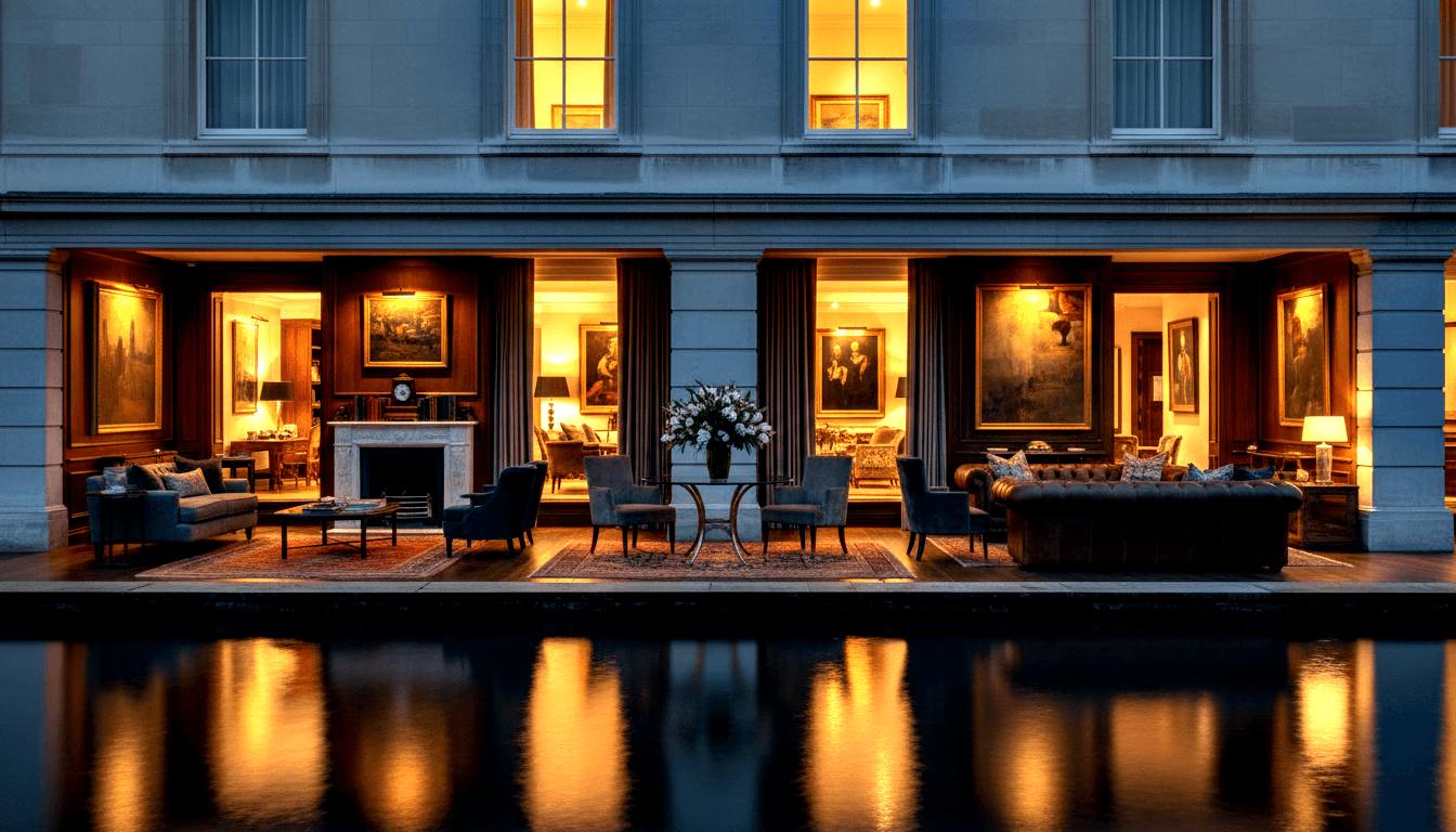 Neoclassical stone building at twilight with open ground-floor bays revealing gilded interiors, marble fireplace, leather sofa, and crimson rugs.