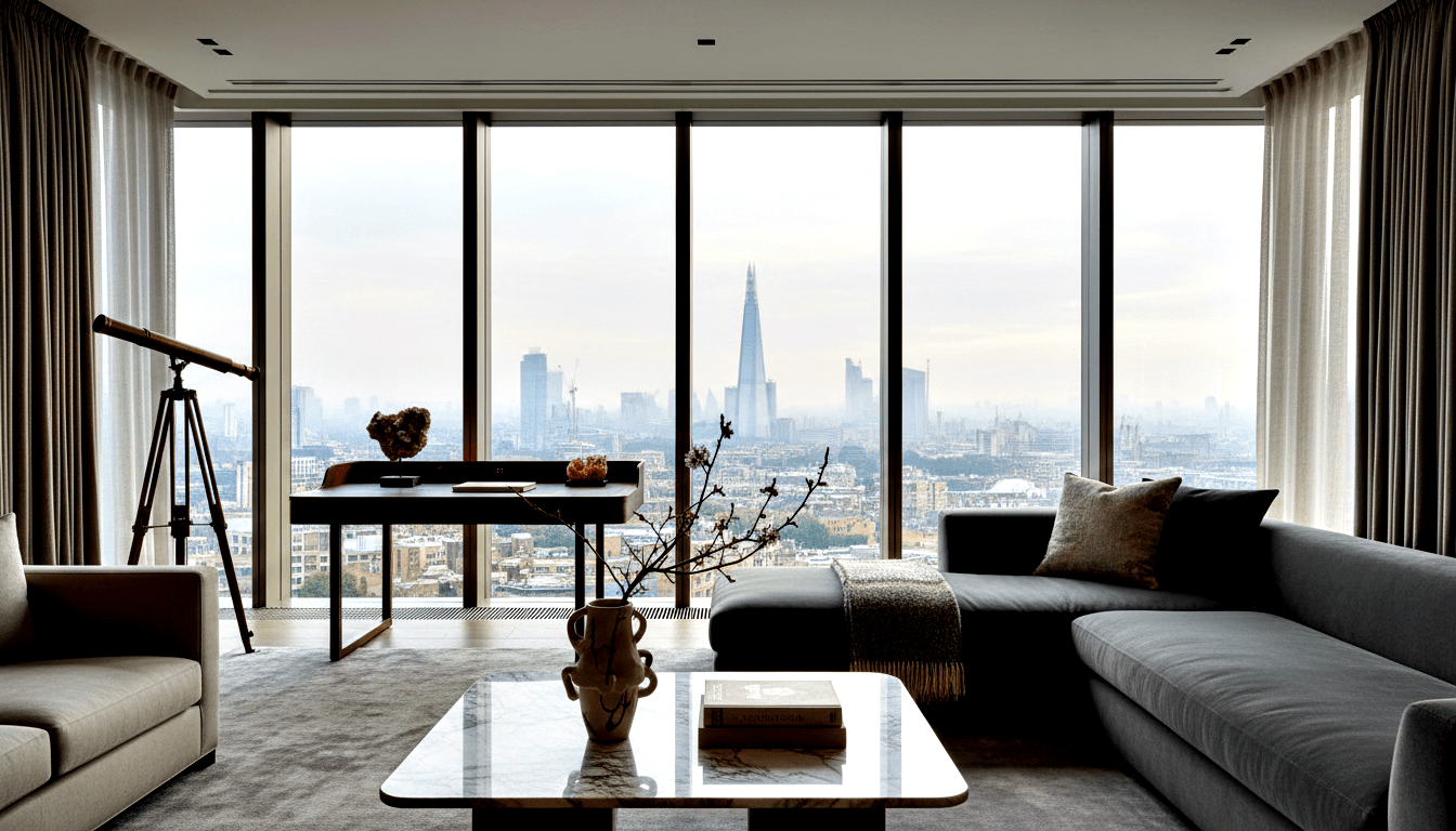 High-rise living room with grey L-shaped sectional, marble coffee table, brass telescope, and floor-to-ceiling city skyline views.