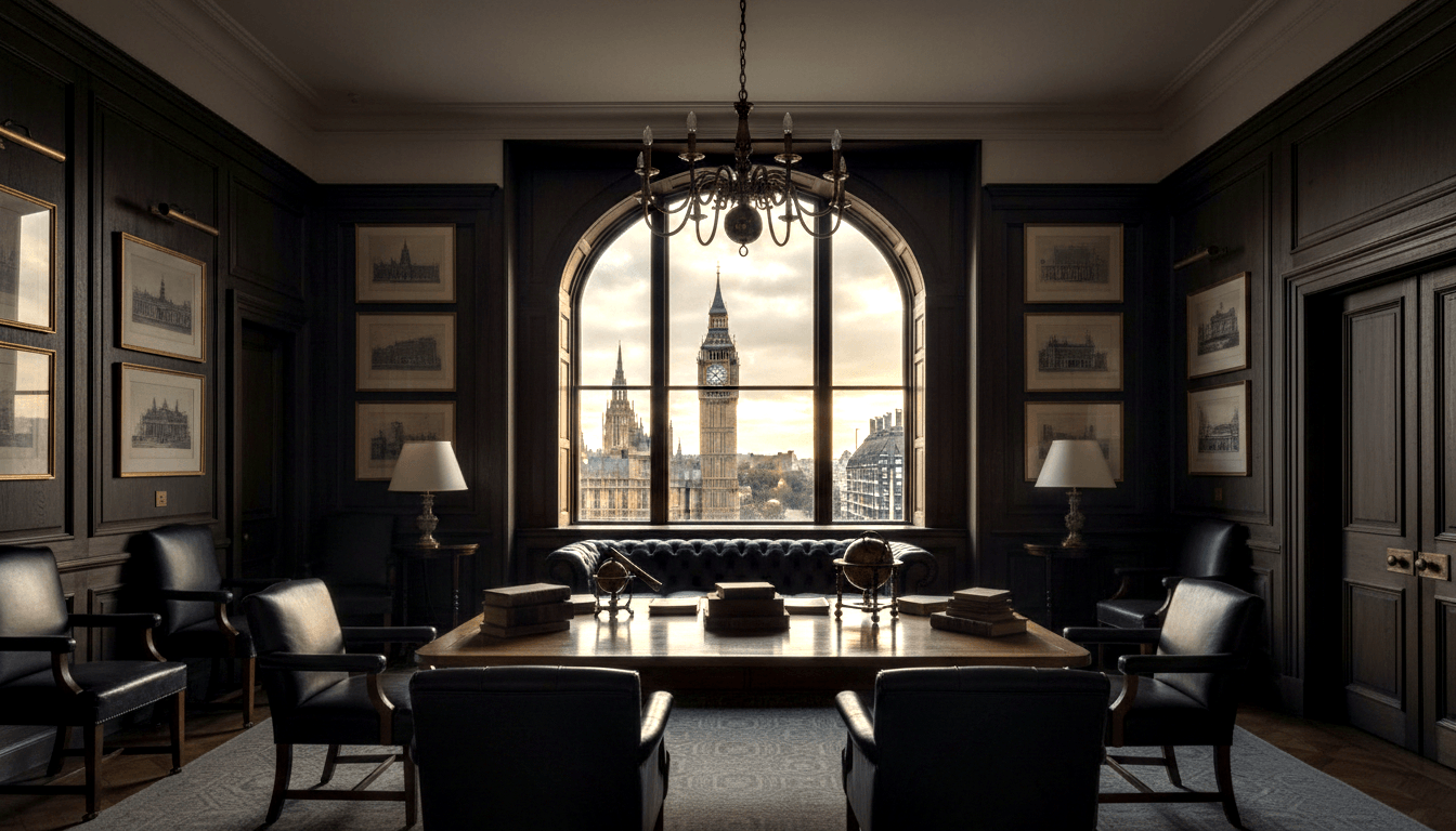 Dark wood-paneled formal office with large desk, leather chairs, arched window showing a clock tower and gothic parliament building.