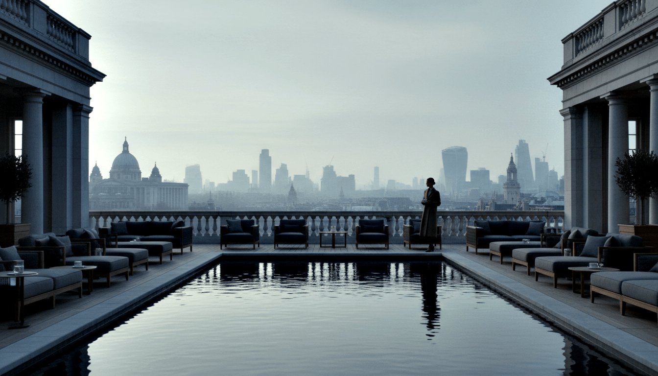 Rooftop reflecting pool flanked by columns; lone figure faces misty skyline with dome and glass towers, reflected in still water.