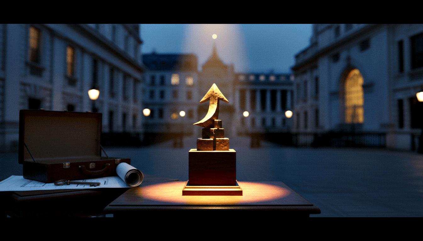 Golden trophy of an upward arrow on stacked blocks on a dark wooden table, with a burgundy briefcase, rolled documents, and a decorative key.