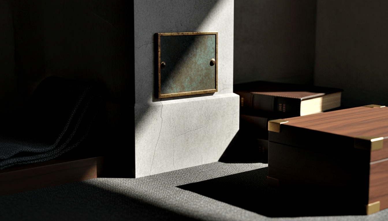 Patinated copper panel in brass frame on concrete column, two brass knobs; lacquered wooden boxes with gold-edged books beside it.