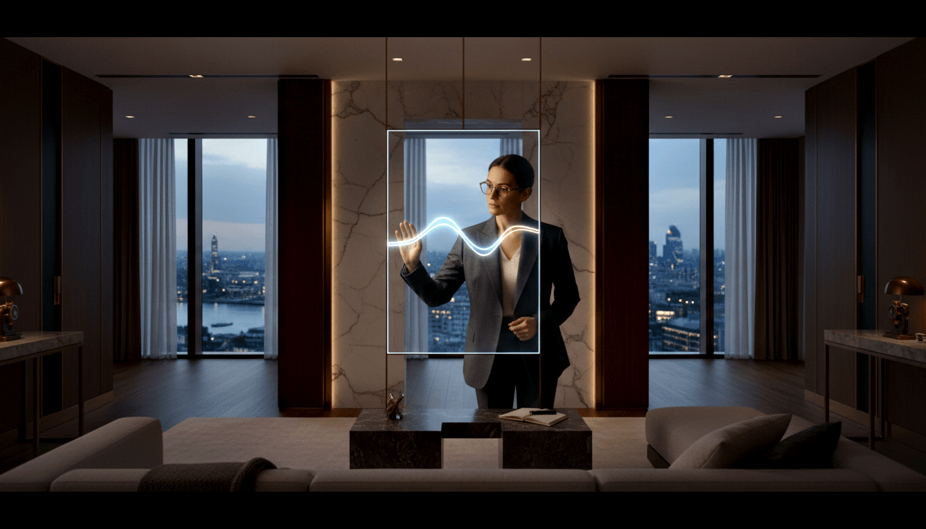 Woman in glasses and dark blazer gestures at a glowing cyan sinusoidal waveform in a holographic display inside a luxury interior.
