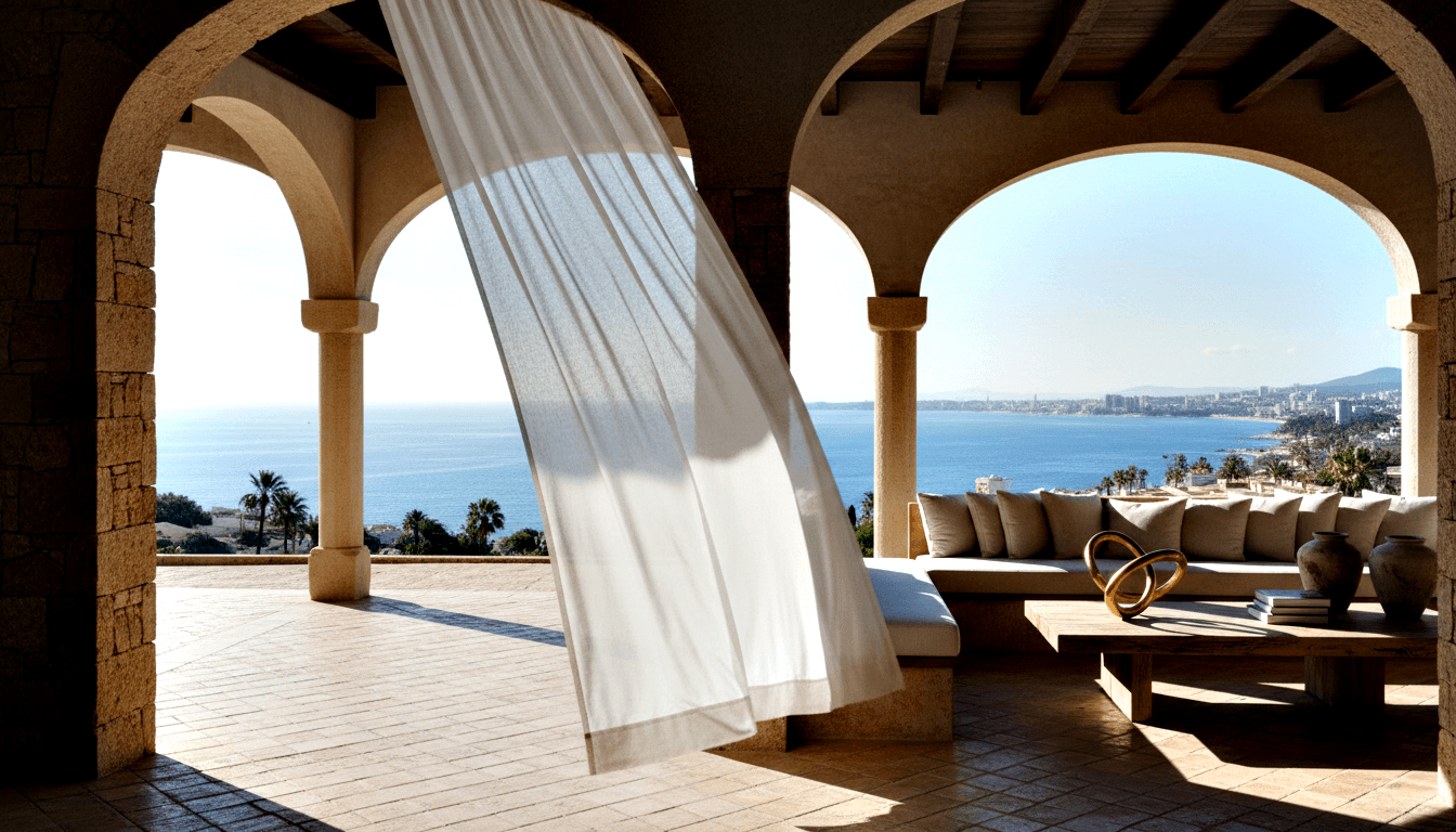 Stone loggia with rounded arches opens to blue sea and coastal cityscape; sheer white curtain billows inward over daybed with linen cushions.