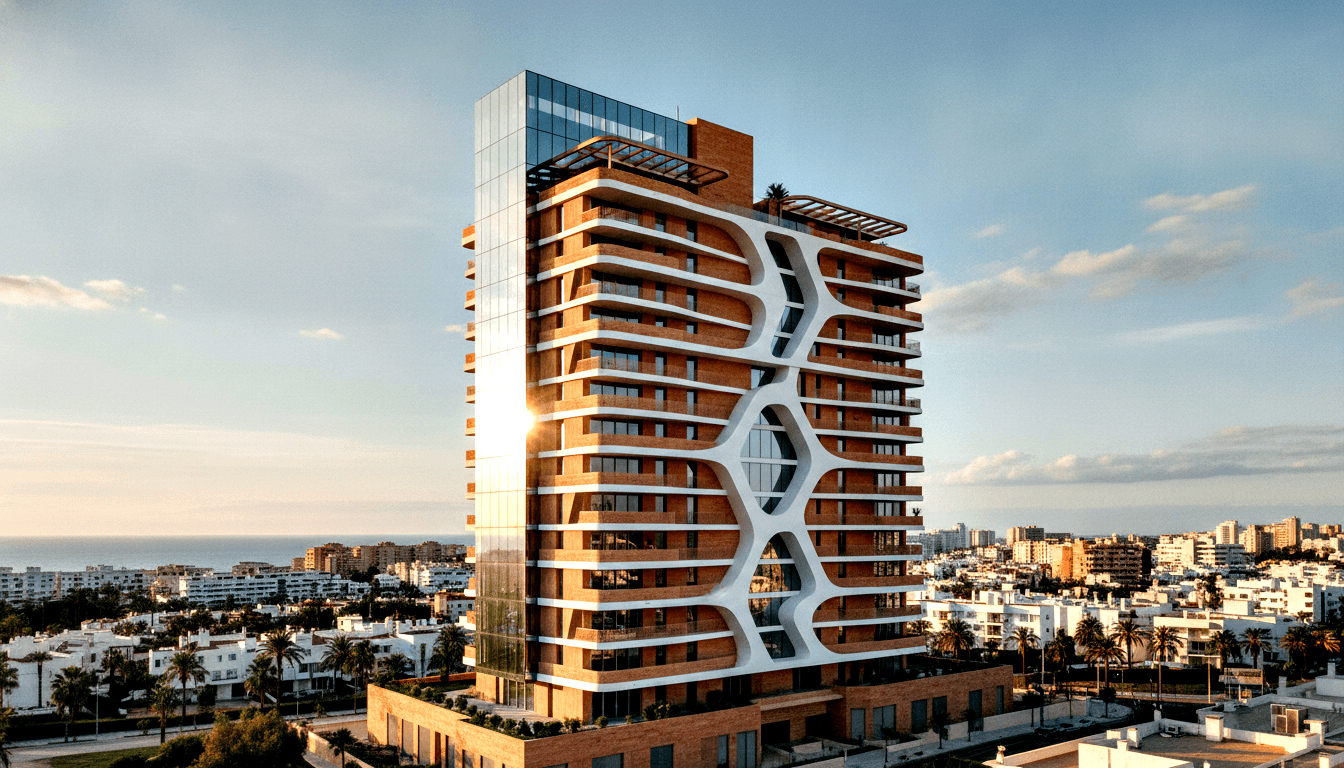Tower with terracotta brick floors, white biomorphic oval lattice, and teal glass curtain wall above palms and ocean.