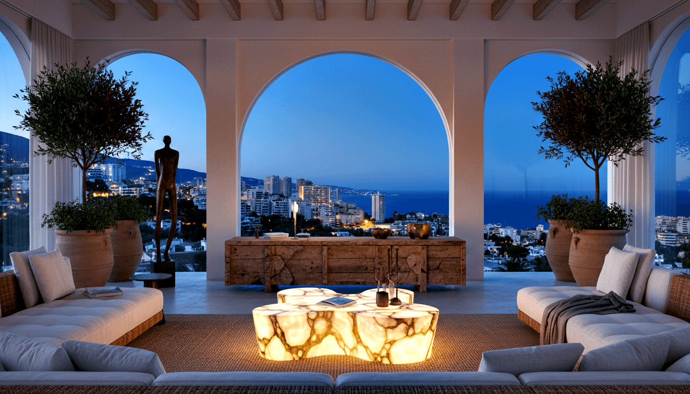 Covered terrace lounge at dusk with glowing oval stone coffee table, cream sofas, and three white arched openings framing a coastal cityscape.