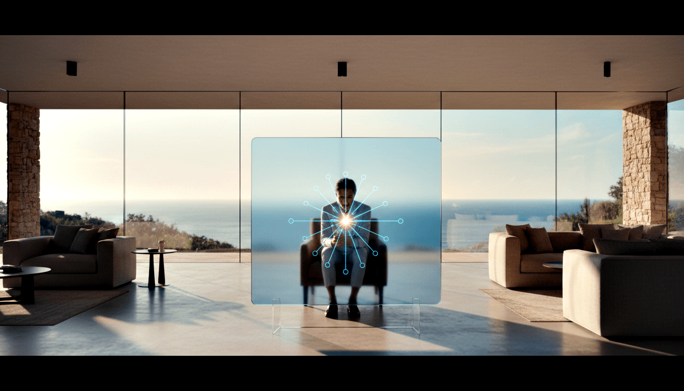 Person in light blazer seated in armchair behind a glowing cyan hub-and-spoke network diagram, flanked by stone pillars and coastal ocean views.
