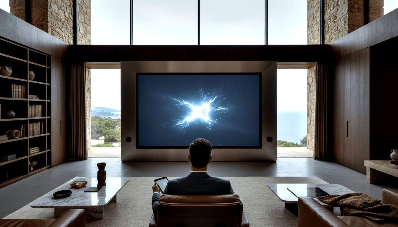 Person in dark suit sits in leather armchair facing wall-mounted screen displaying bright white-blue energy burst, in room with stone columns.