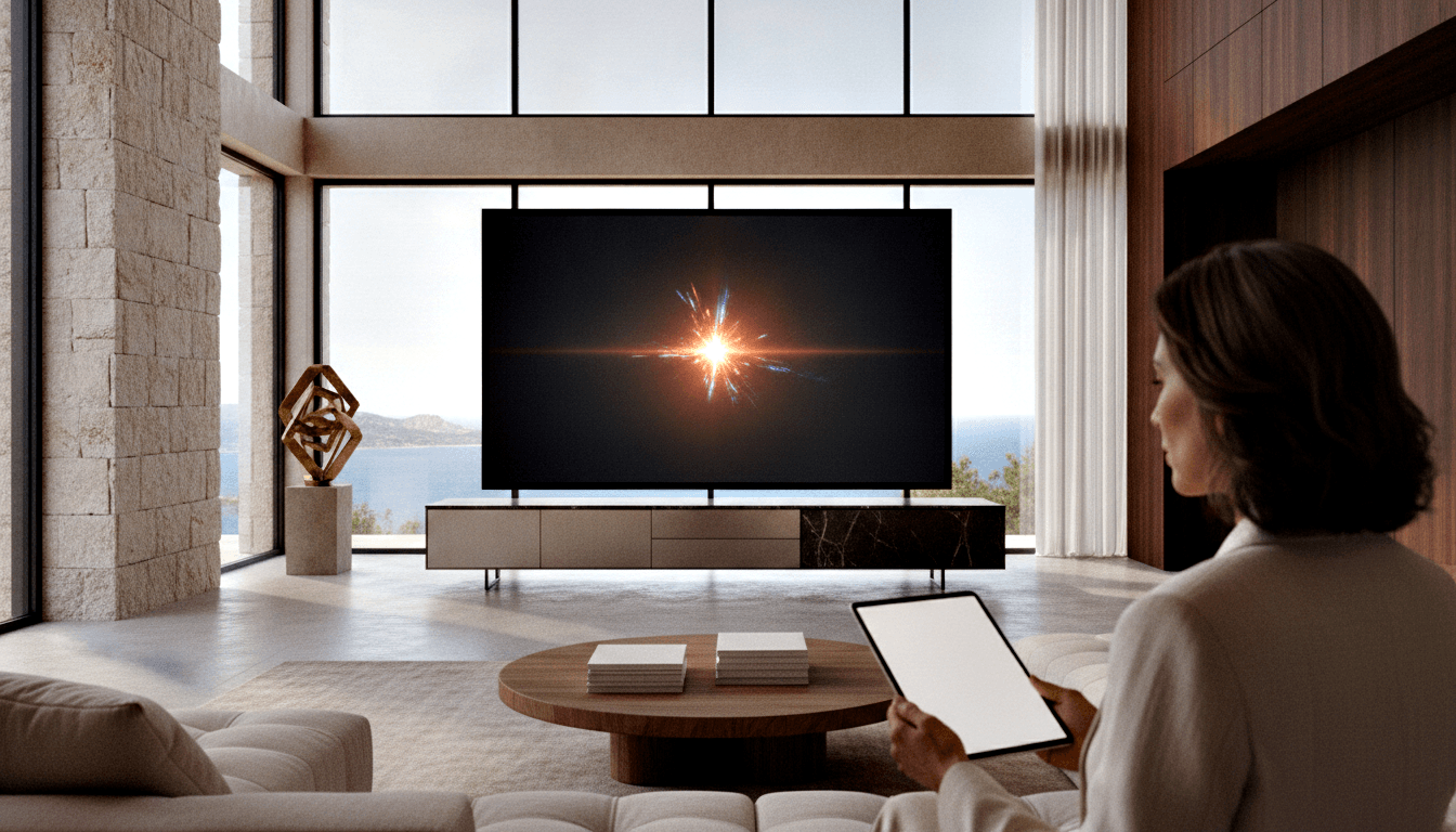 Dark-haired woman in cream blazer on white sectional sofa holds blank tablet, facing flat-screen TV with orange starburst.