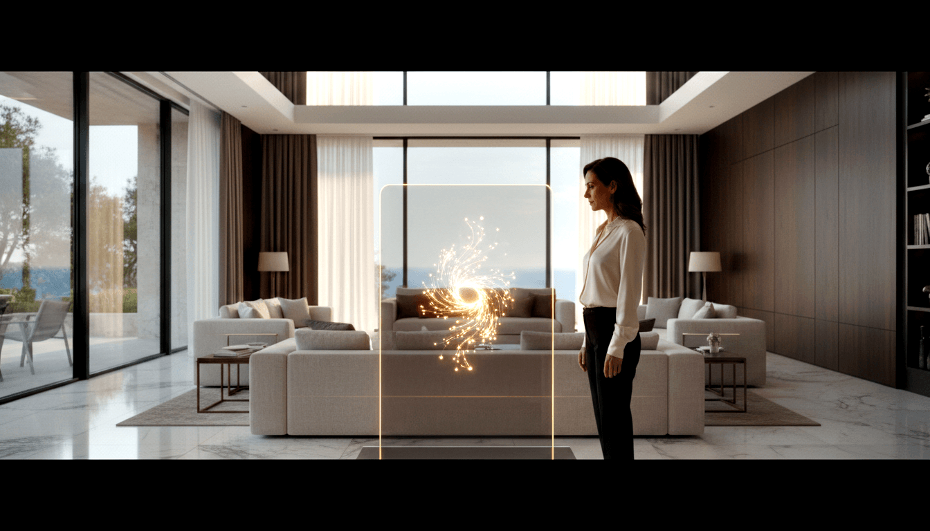 Woman in white blouse faces glowing golden particle vortex panel in a marble-floored modern interior with floor-to-ceiling windows.