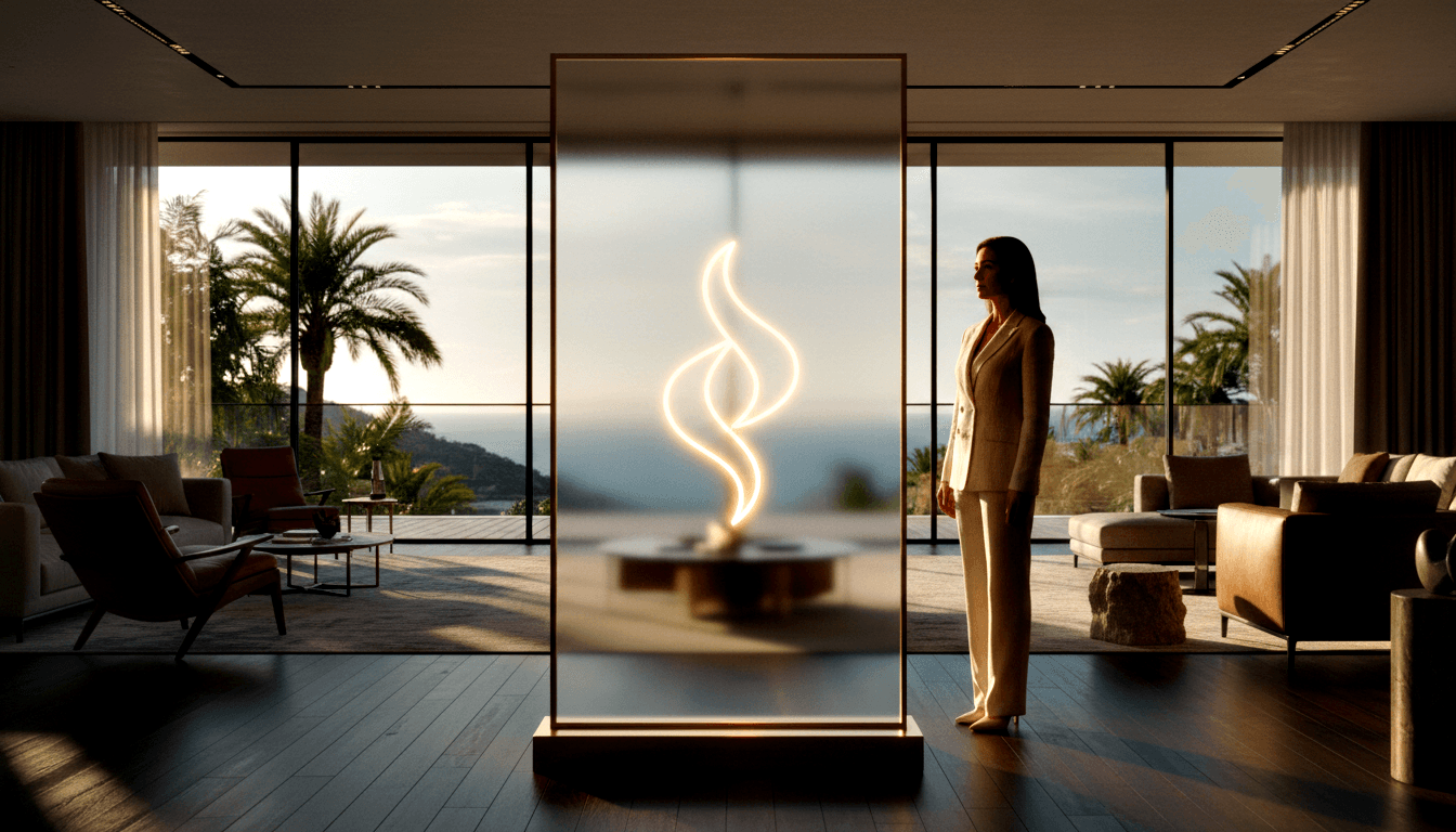 Glass panel enclosing a flame-shaped glowing sculpture; woman in cream blazer stands right, floor-to-ceiling windows reveal palms and water.