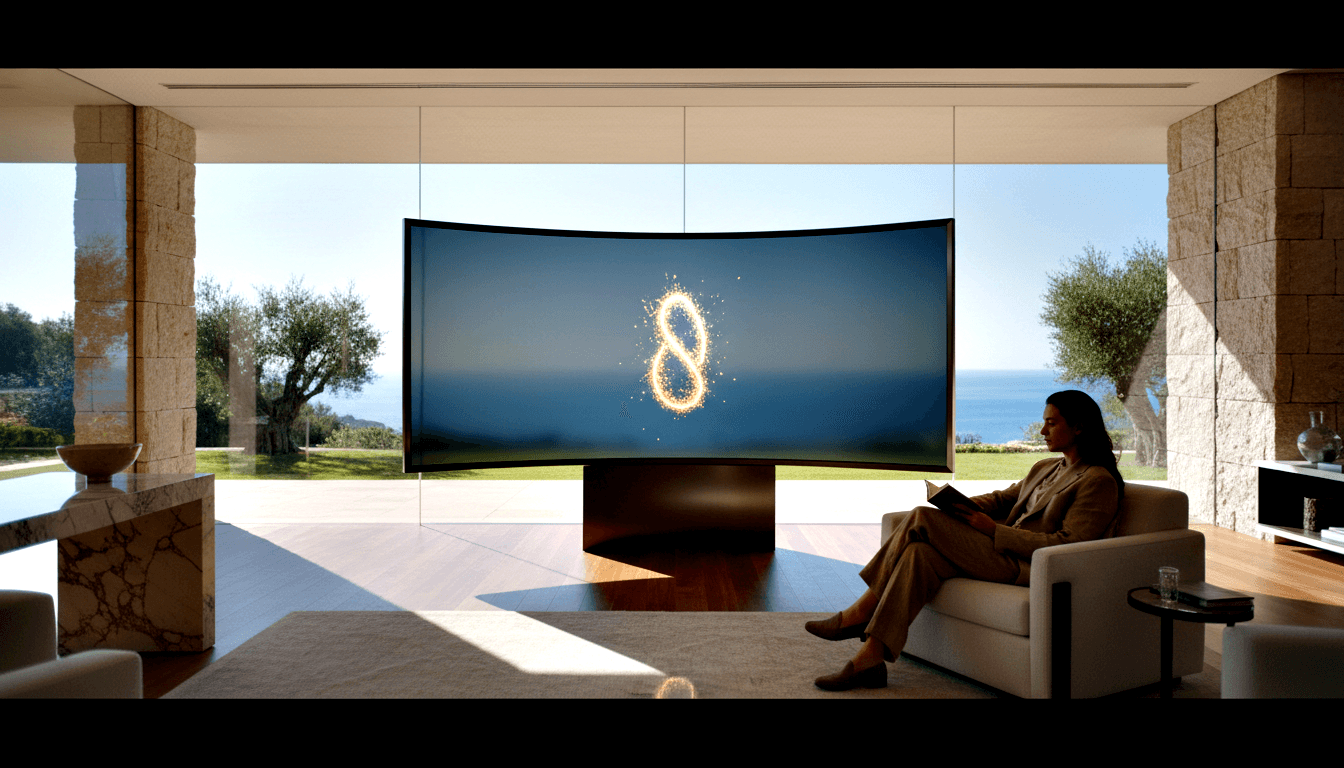 Curved screen on dark wood stand showing glowing golden infinity symbol, in open-plan interior with stone columns and floor-to-ceiling glass.