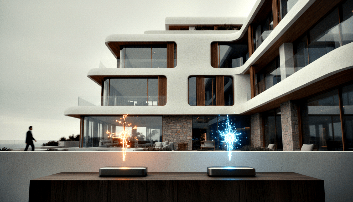 CGI multi-story white villa with glass railings and stone cladding; two devices on wooden ledge emit orange and cyan energy bursts.