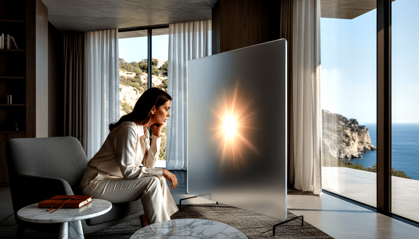 Woman in cream wide-leg pantsuit sits in gray armchair gazing at an amber starburst frosted panel on a metal stand.