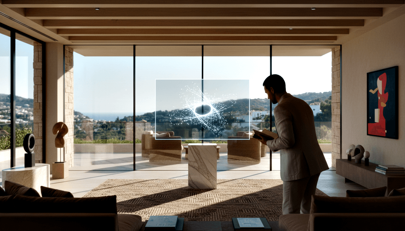 Man in beige blazer leans toward a glowing holographic rectangle above a marble pedestal table in a room with glass walls and hillside view.